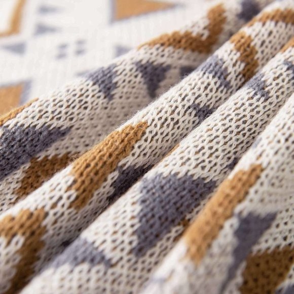 Boho Aztec Geometric Farmhouse Knitted Tassel Brown Soft Vintage Throw Blanket - Picture 3 of 7